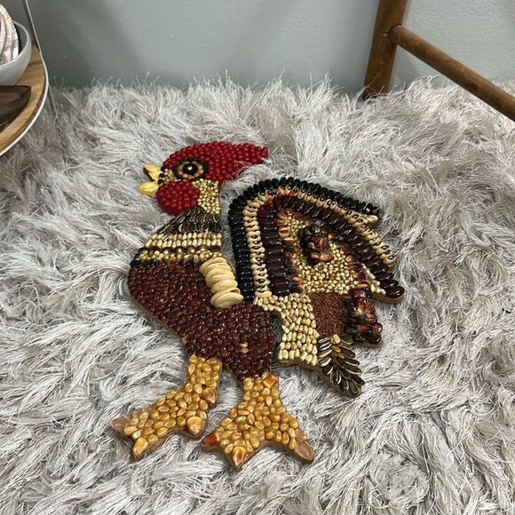 Vintage Mosaic Folk Art Handmade Rooster Seed Bean Wood Cutout Wall Decor - Picture 3 of 17